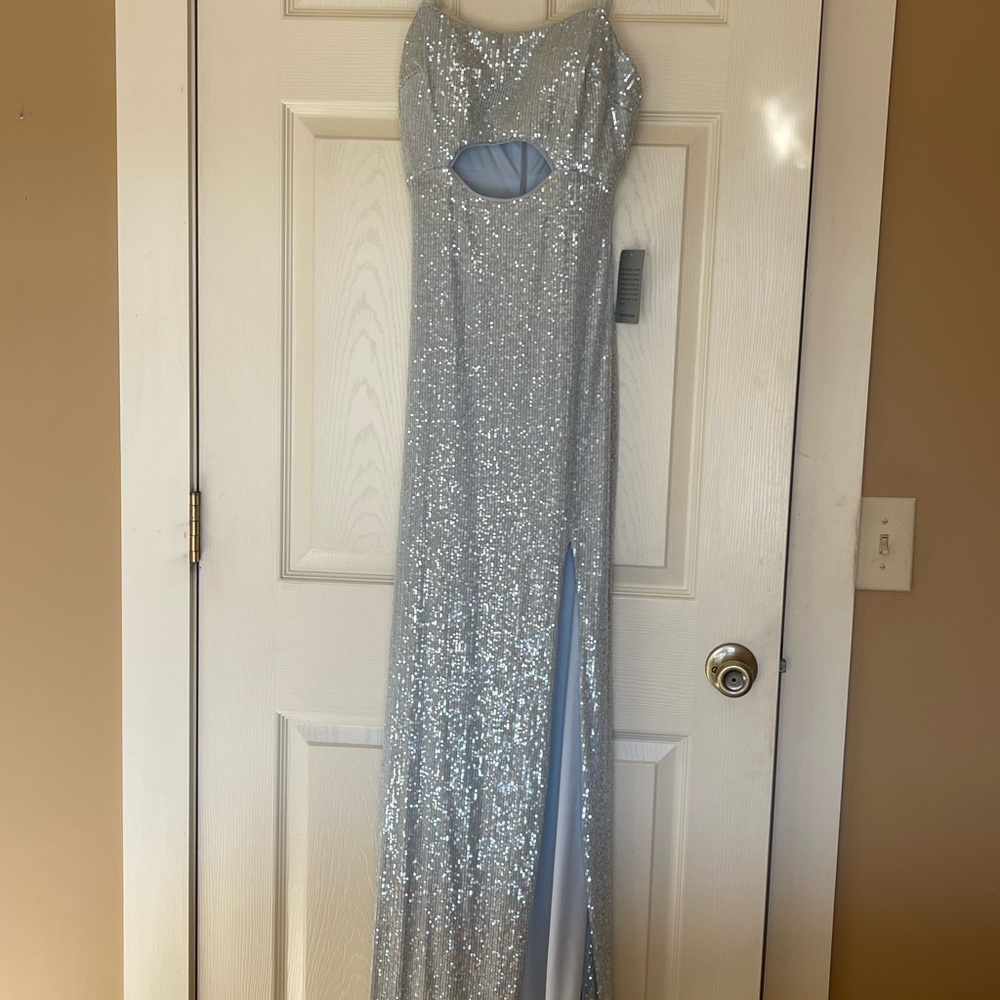 Prom Dress! Light Blue Sequin Gown with Slit and key hole front. Super Cute.